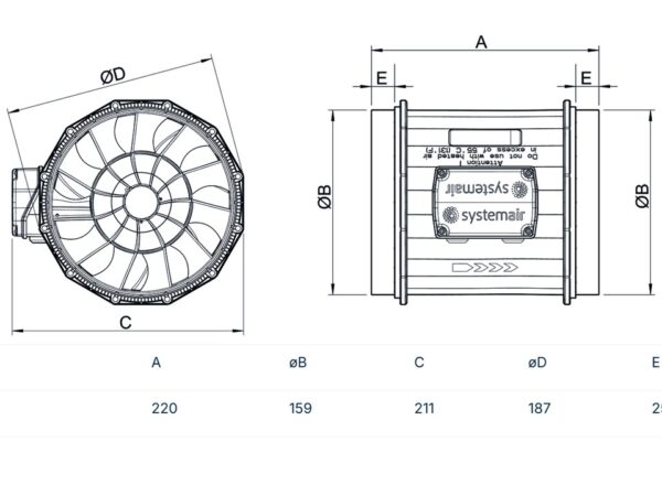 Prio Ø160 AC 36916 Systemair kanalvifte målskisse