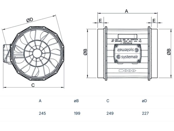Prio Ø200 AC Kanlvifte systemair målskisse